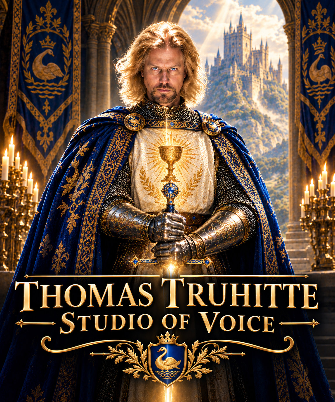 Thomas Truhitte Studio of Voice poster, knight holding a glowing grail